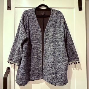 Bobeau Textured Blue Cardigan with Pom Pom Trim